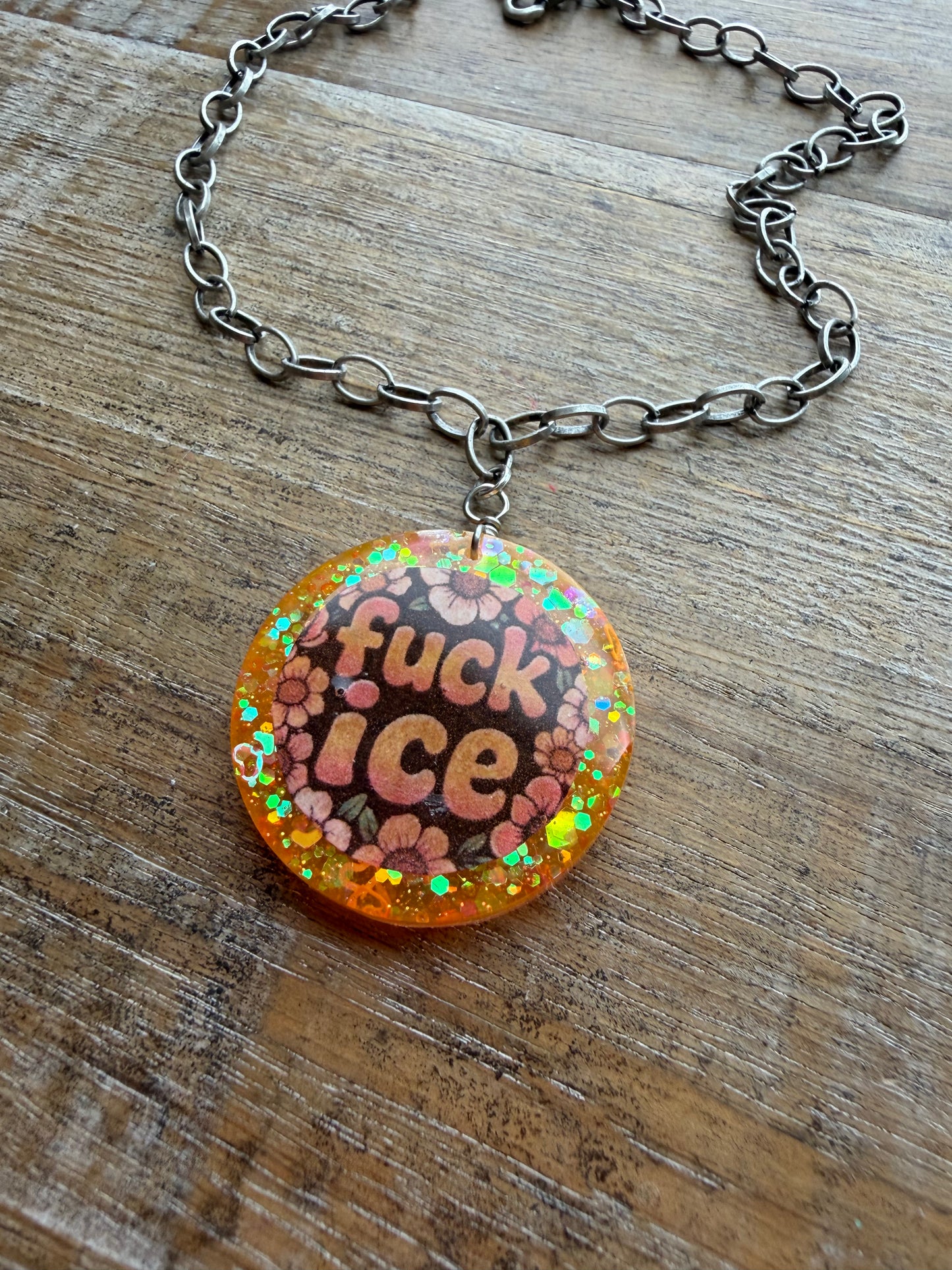 Fuck Ice Orange & Black Resin Floral Chain Protest Necklace Glitter