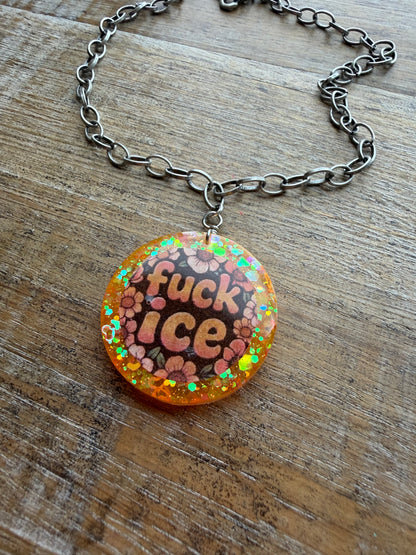 Fuck Ice Orange & Black Resin Floral Chain Protest Necklace Glitter