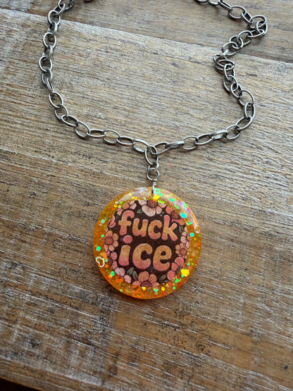 Fuck Ice Orange & Black Resin Floral Chain Protest Necklace Glitter