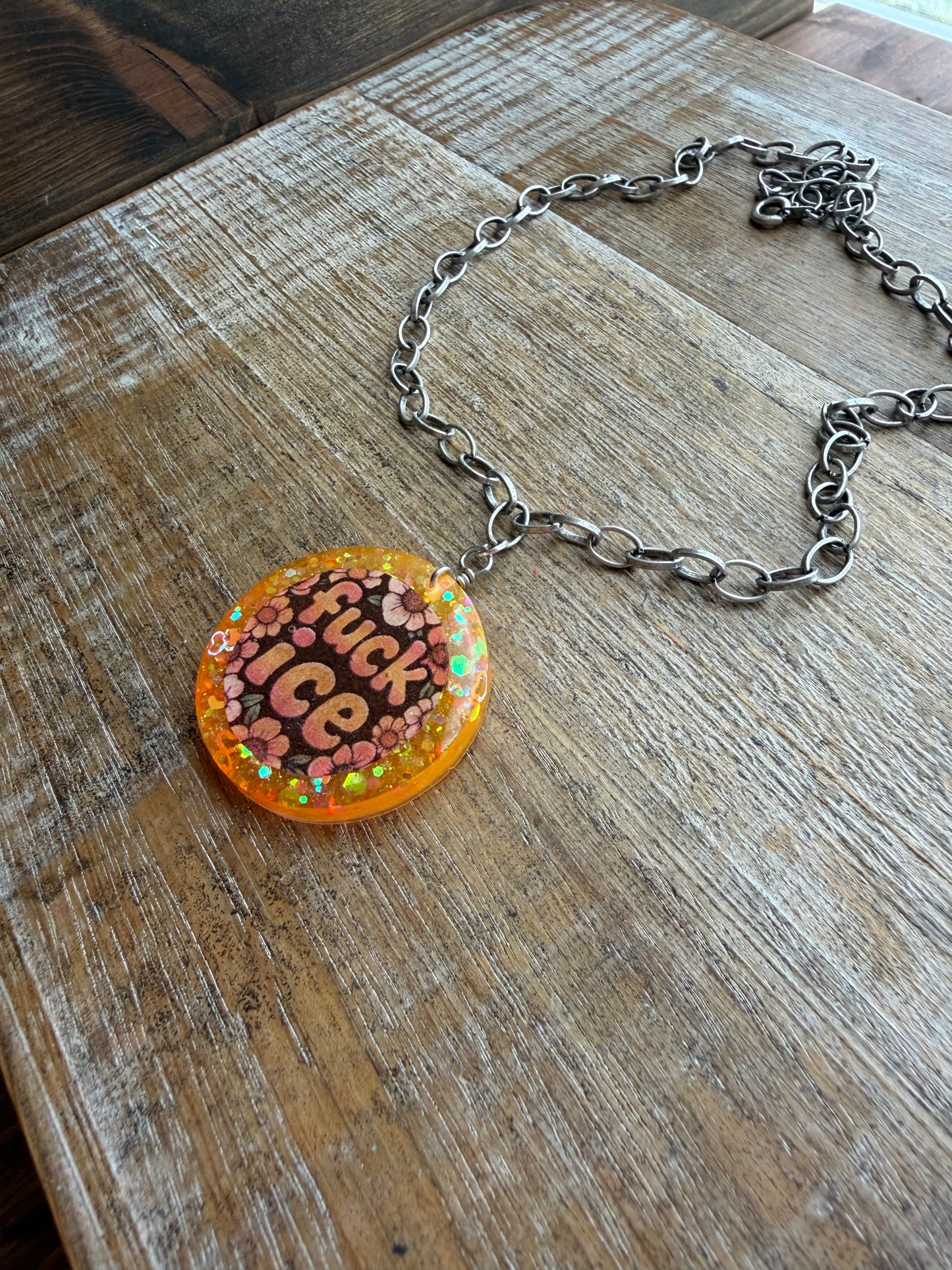 Fuck Ice Orange & Black Resin Floral Chain Protest Necklace Glitter