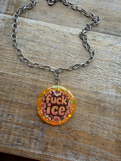 Fuck Ice Orange & Black Resin Floral Chain Protest Necklace Glitter