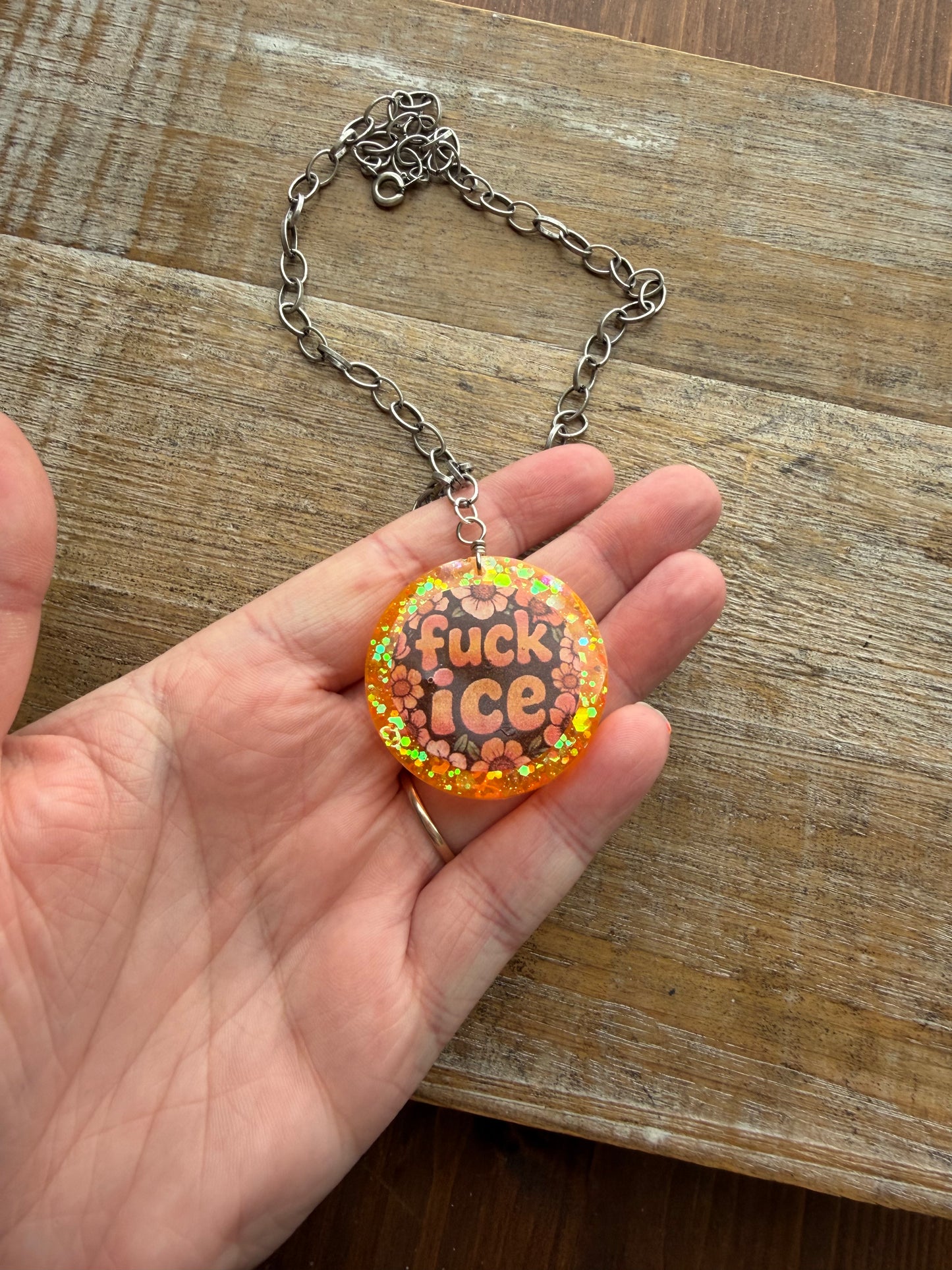 Fuck Ice Orange & Black Resin Floral Chain Protest Necklace Glitter