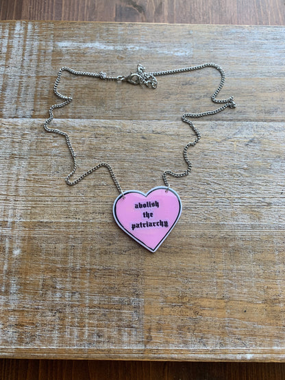 Abolish the Patriarchy Pink Heart Necklace