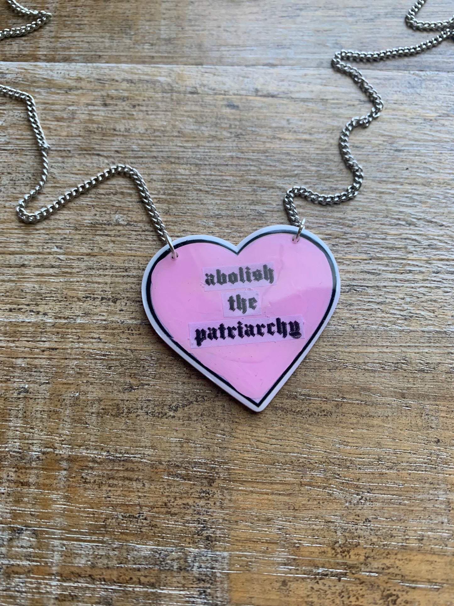 Abolish the Patriarchy Pink Heart Necklace