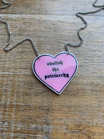 Abolish the Patriarchy Pink Heart Necklace