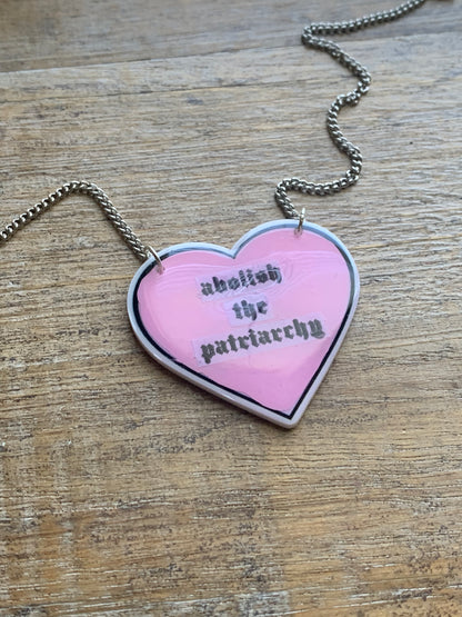 Abolish the Patriarchy Pink Heart Necklace