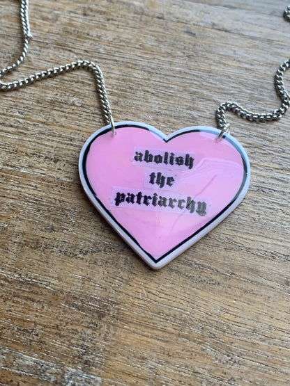 Abolish the Patriarchy Pink Heart Necklace