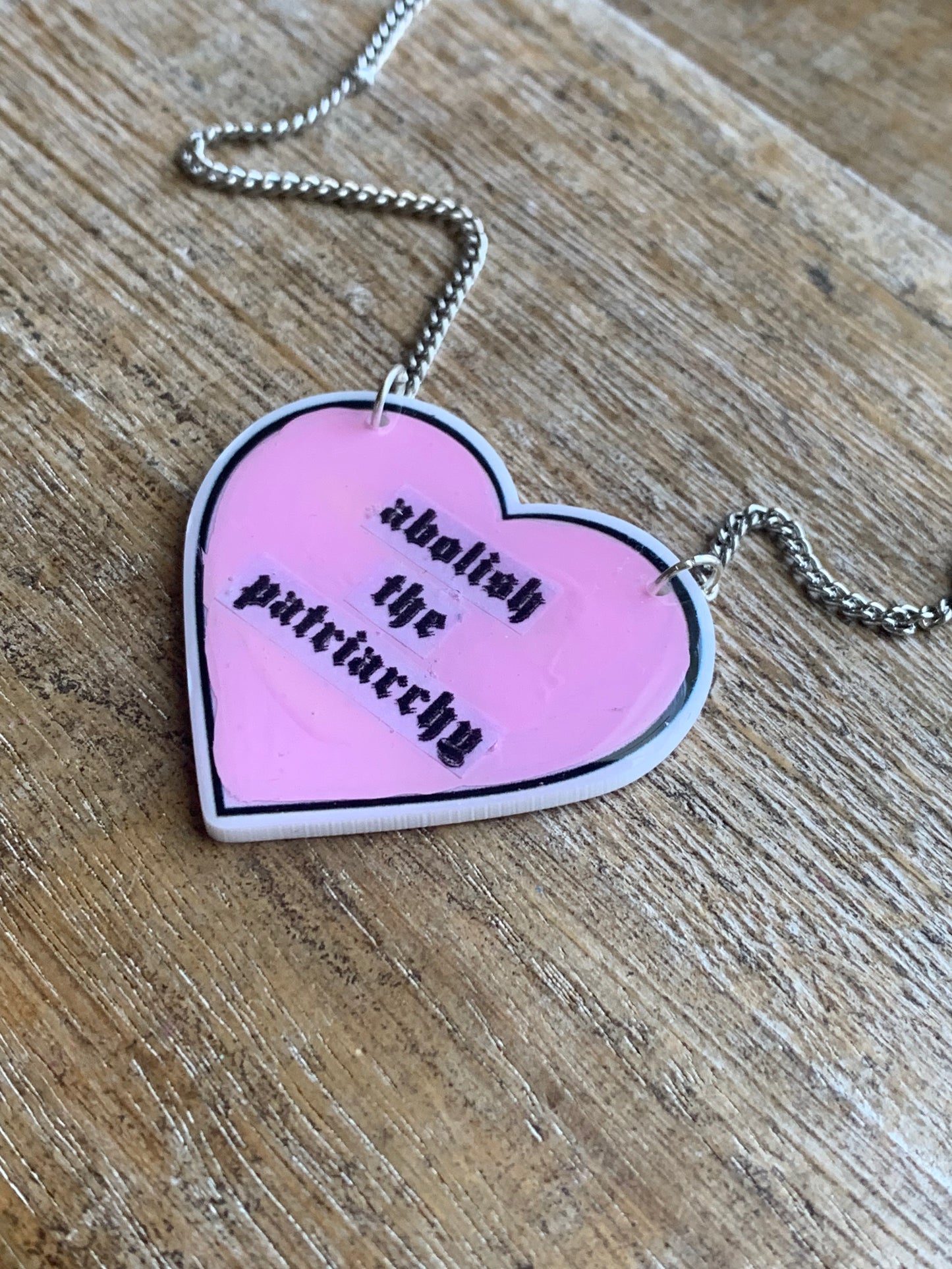 Abolish the Patriarchy Pink Heart Necklace