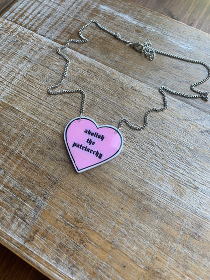 Abolish the Patriarchy Pink Heart Necklace