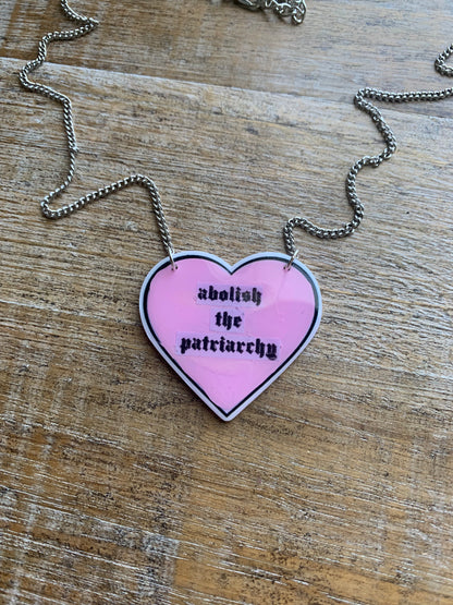 Abolish the Patriarchy Pink Heart Necklace
