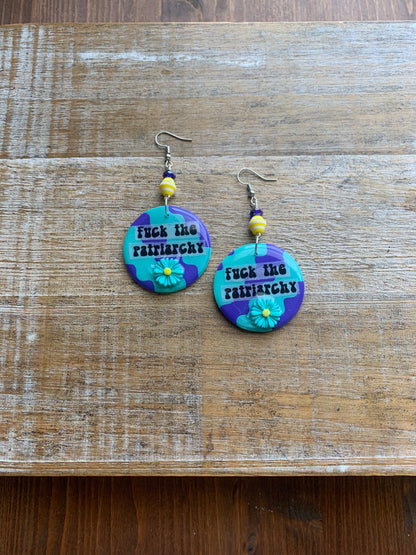 Fuck the Patriarchy Teal Daisy Earrings Polymer Clay Clip On Tunnel Gauge Earrings