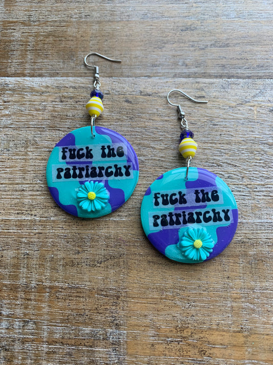 Fuck the Patriarchy Teal Daisy Earrings Polymer Clay Clip On Tunnel Gauge Earrings