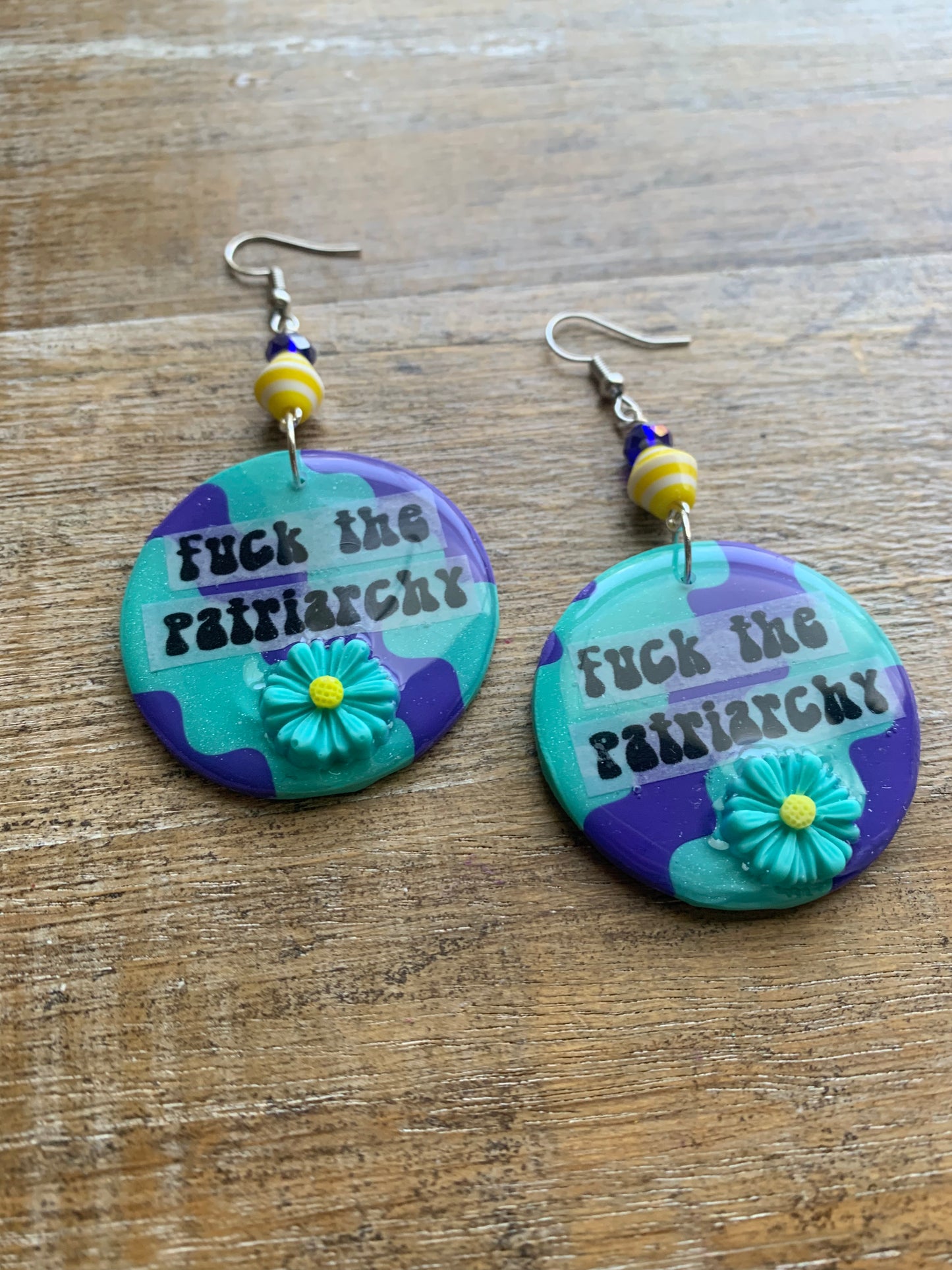 Fuck the Patriarchy Teal Daisy Earrings Polymer Clay Clip On Tunnel Gauge Earrings