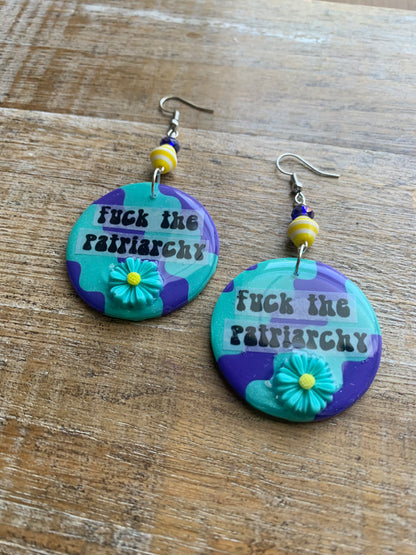 Fuck the Patriarchy Teal Daisy Earrings Polymer Clay Clip On Tunnel Gauge Earrings