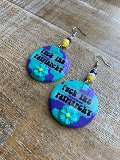 Fuck the Patriarchy Teal Daisy Earrings Polymer Clay Clip On Tunnel Gauge Earrings