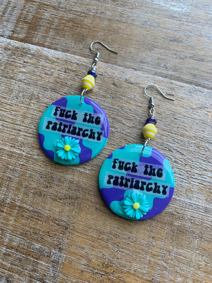 Fuck the Patriarchy Teal Daisy Earrings Polymer Clay Clip On Tunnel Gauge Earrings
