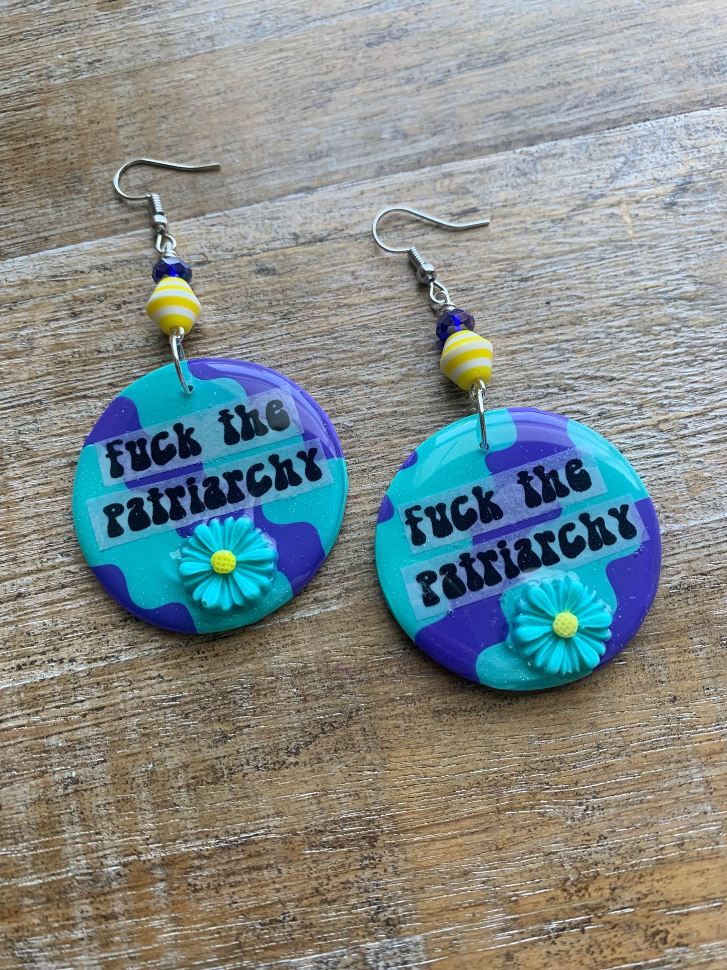 Fuck the Patriarchy Teal Daisy Earrings Polymer Clay Clip On Tunnel Gauge Earrings