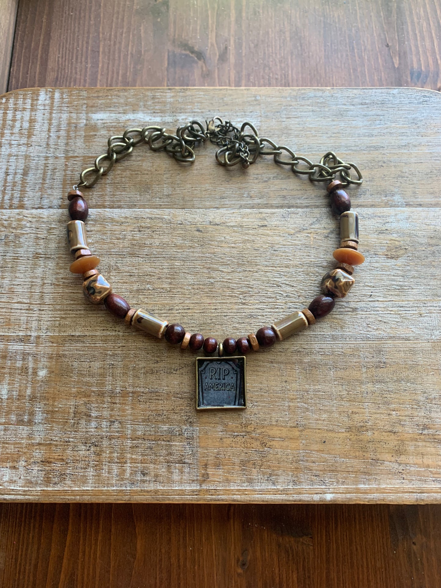 RIP America Tombstone Pendant Necklace Upcycled Beaded Bronze Tone Necklace