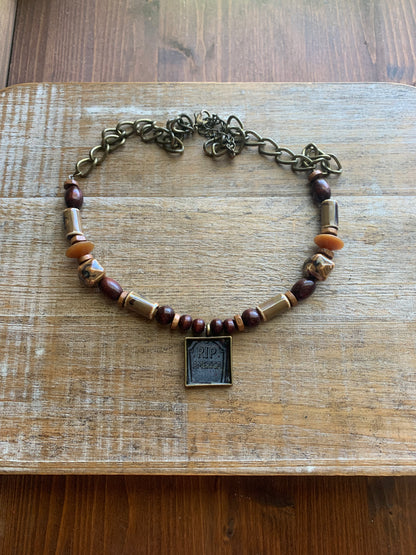 RIP America Tombstone Pendant Necklace Upcycled Beaded Bronze Tone Necklace