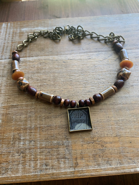 RIP America Tombstone Pendant Necklace Upcycled Beaded Bronze Tone Necklace