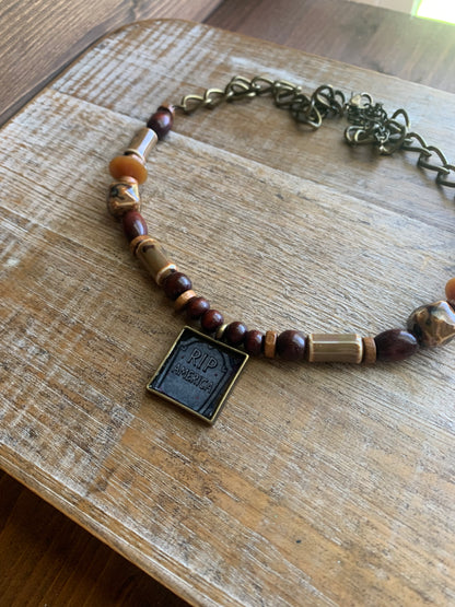 RIP America Tombstone Pendant Necklace Upcycled Beaded Bronze Tone Necklace