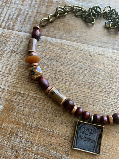 RIP America Tombstone Pendant Necklace Upcycled Beaded Bronze Tone Necklace