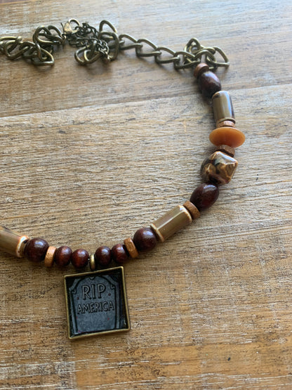 RIP America Tombstone Pendant Necklace Upcycled Beaded Bronze Tone Necklace