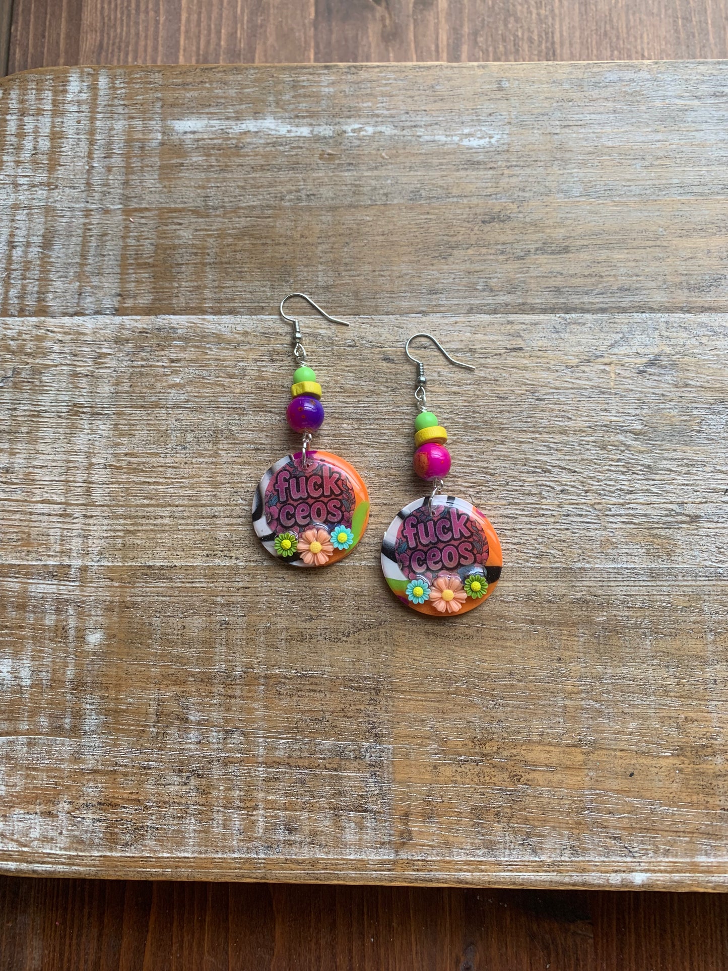 Fuck CEOs Colorful Polymer Clay Neon Earrings Clip On Earrings Tunnel Gauge Earrings