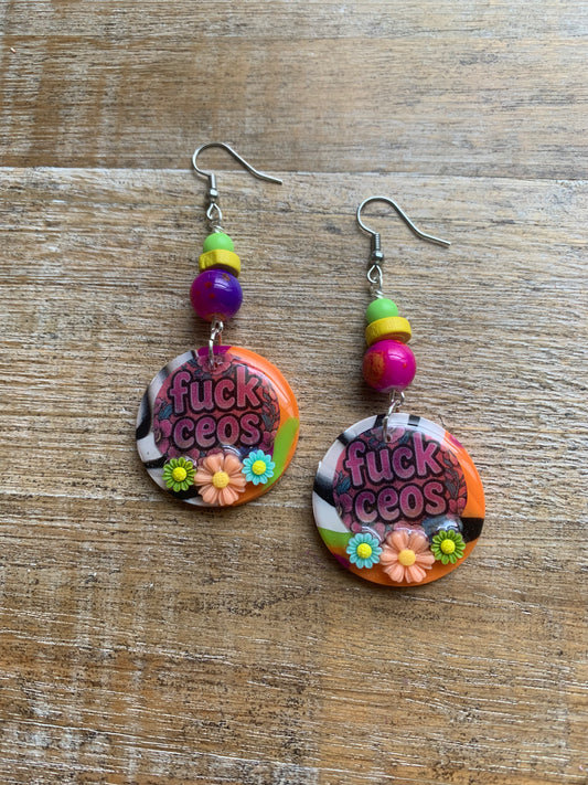 Fuck CEOs Colorful Polymer Clay Neon Earrings Clip On Earrings Tunnel Gauge Earrings