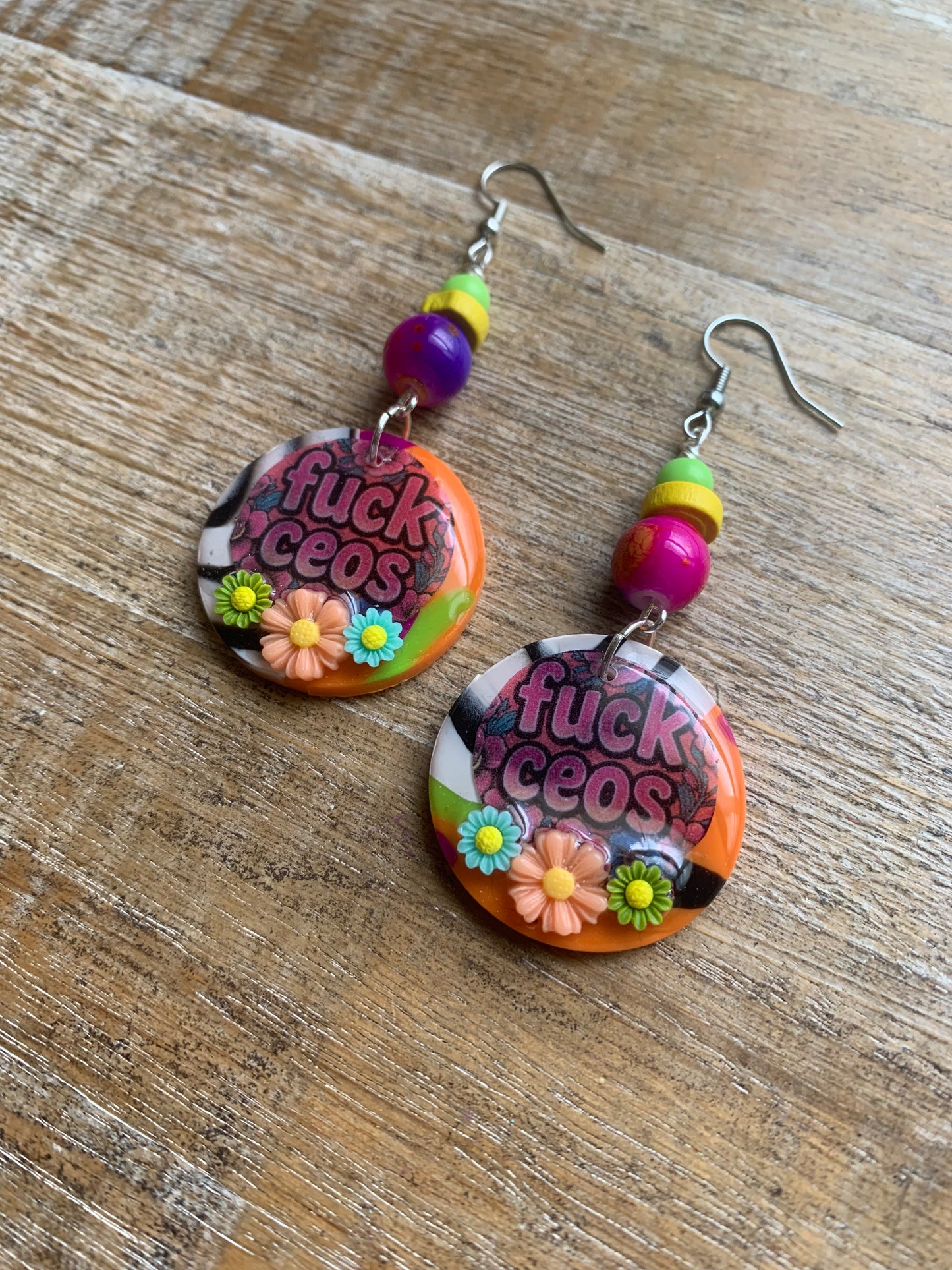 Fuck CEOs Colorful Polymer Clay Neon Earrings Clip On Earrings Tunnel Gauge Earrings