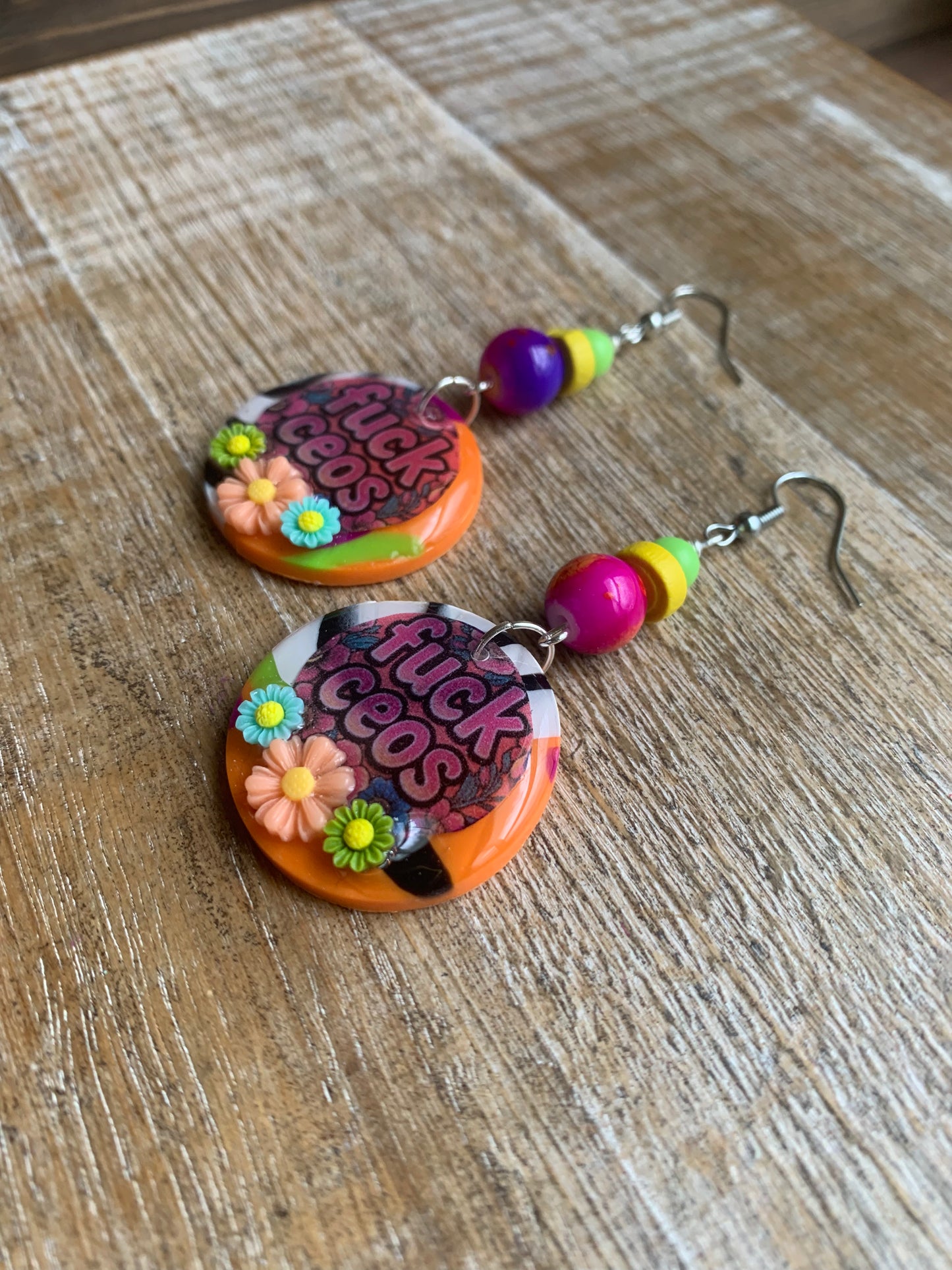 Fuck CEOs Colorful Polymer Clay Neon Earrings Clip On Earrings Tunnel Gauge Earrings