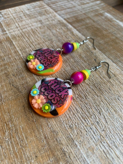 Fuck CEOs Colorful Polymer Clay Neon Earrings Clip On Earrings Tunnel Gauge Earrings