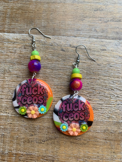 Fuck CEOs Colorful Polymer Clay Neon Earrings Clip On Earrings Tunnel Gauge Earrings