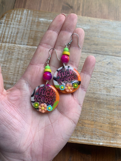 Fuck CEOs Colorful Polymer Clay Neon Earrings Clip On Earrings Tunnel Gauge Earrings