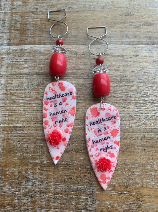 Healthcare is a Human Right Tunnel Gauge Earrings Bloody Red Polymer Clay Clip On Earrings
