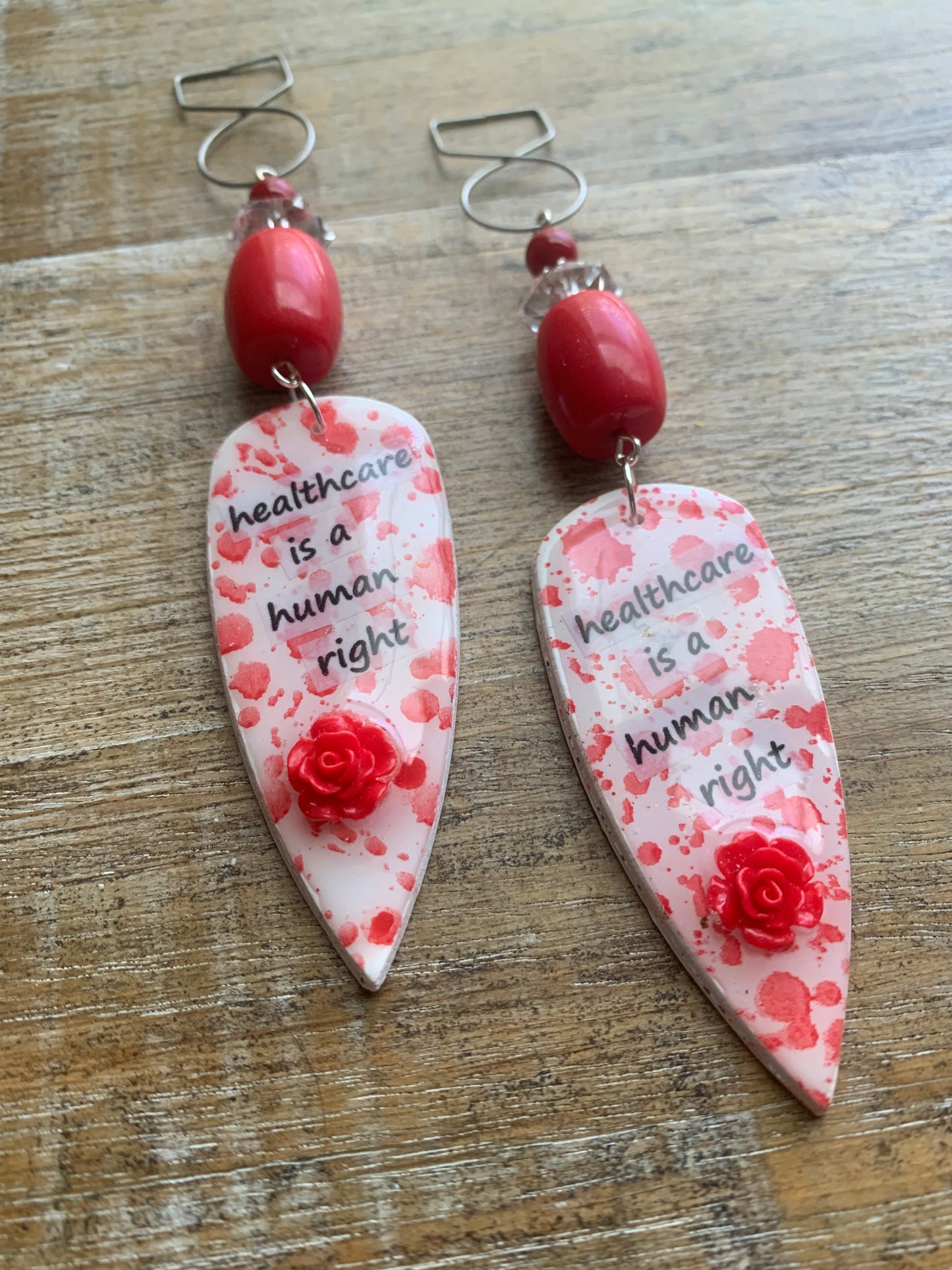 Healthcare is a Human Right Tunnel Gauge Earrings Bloody Red Polymer Clay Clip On Earrings
