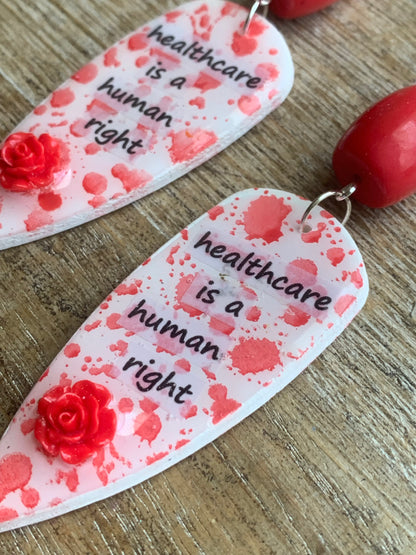 Healthcare is a Human Right Tunnel Gauge Earrings Bloody Red Polymer Clay Clip On Earrings