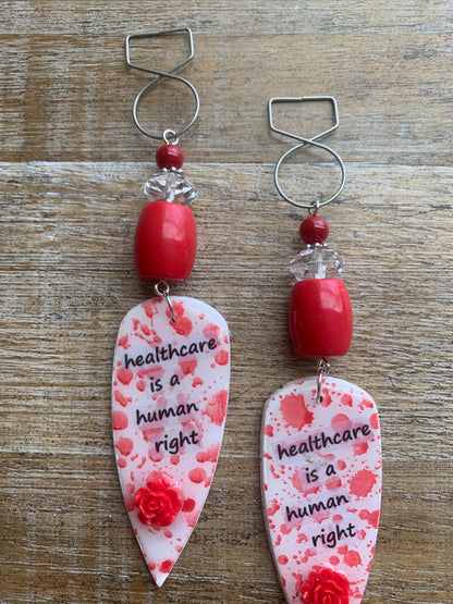 Healthcare is a Human Right Tunnel Gauge Earrings Bloody Red Polymer Clay Clip On Earrings