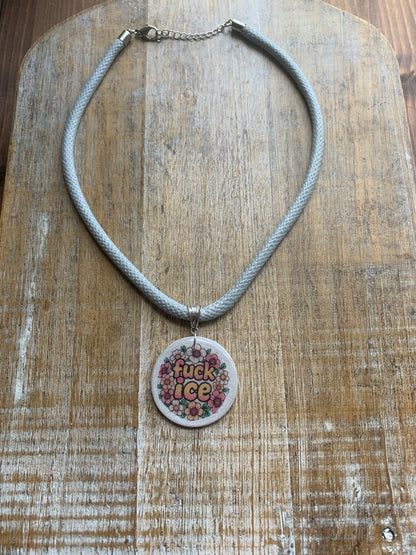 Fuck Ice Gray & White Polymer Clay Floral Protest Necklace