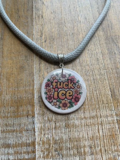 Fuck Ice Gray & White Polymer Clay Floral Protest Necklace