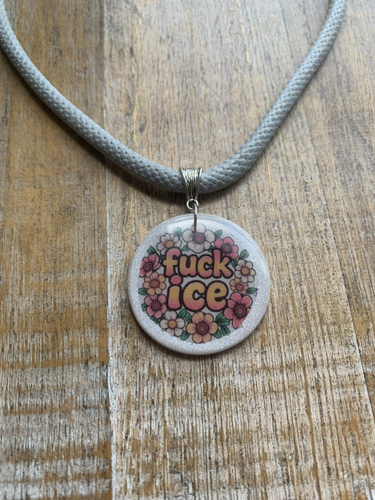 Fuck Ice Gray & White Polymer Clay Floral Protest Necklace