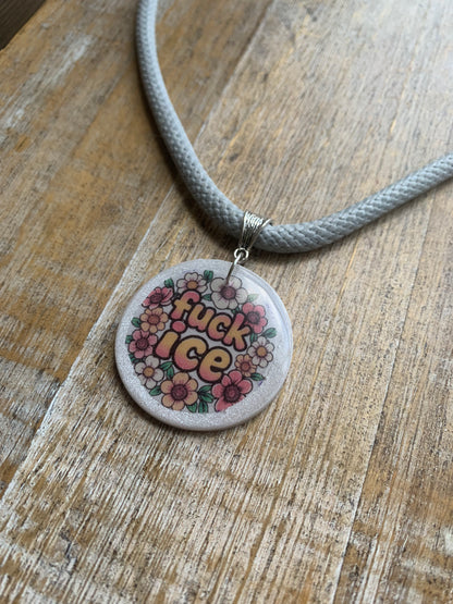 Fuck Ice Gray & White Polymer Clay Floral Protest Necklace