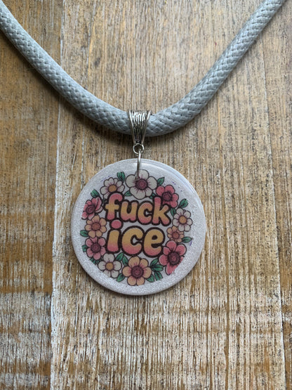 Fuck Ice Gray & White Polymer Clay Floral Protest Necklace