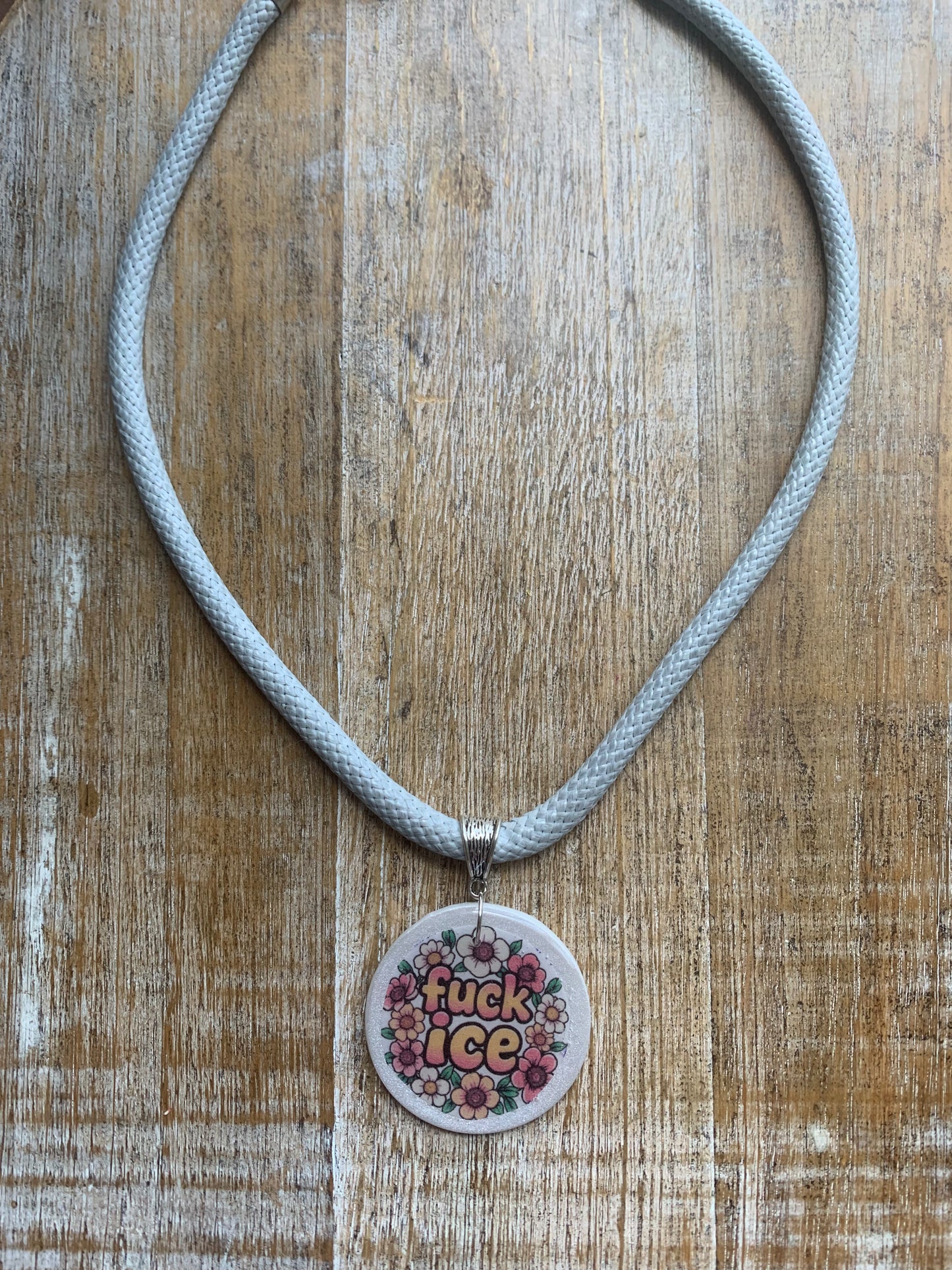 Fuck Ice Gray & White Polymer Clay Floral Protest Necklace