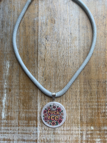Fuck Ice Gray & White Polymer Clay Floral Protest Necklace