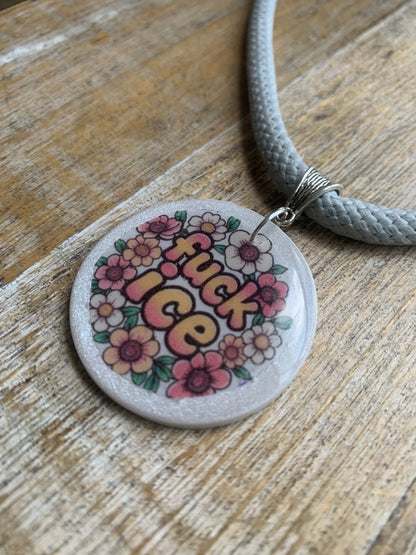 Fuck Ice Gray & White Polymer Clay Floral Protest Necklace