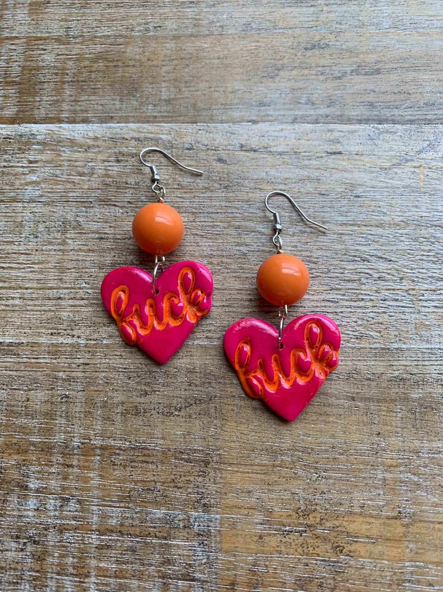 Pink Heart Fuck Swear Word Earrings Polymer Clay Orange Clip On Tunnel Gauge Earrings