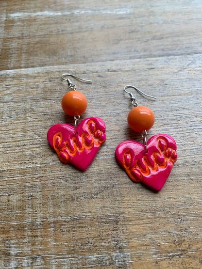 Pink Heart Fuck Swear Word Earrings Polymer Clay Orange Clip On Tunnel Gauge Earrings