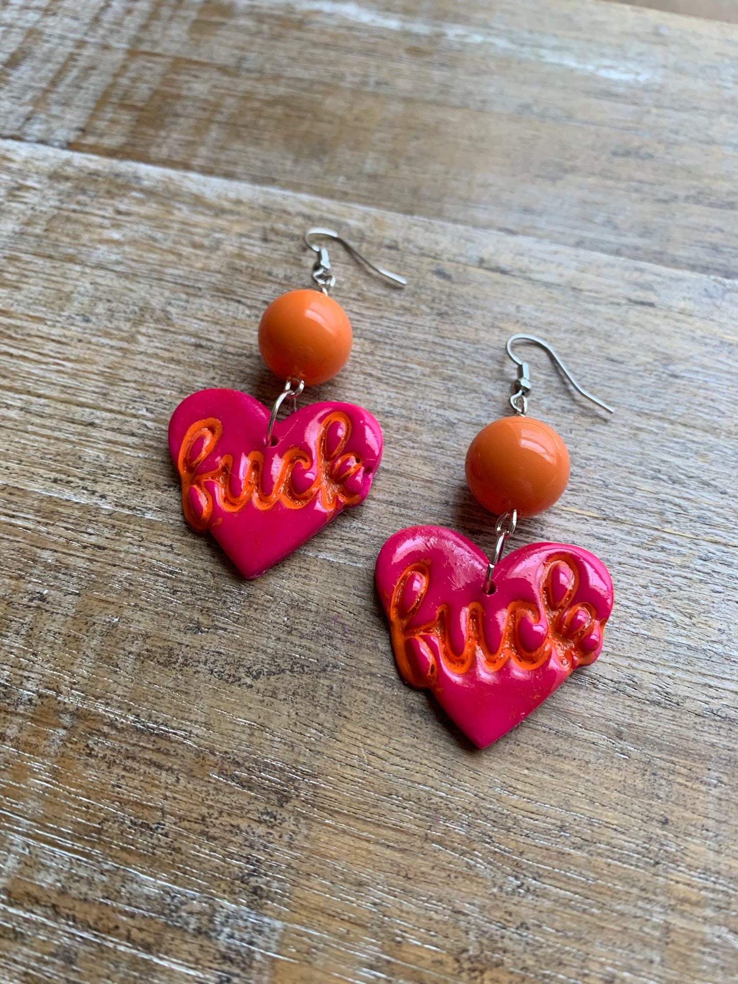 Pink Heart Fuck Swear Word Earrings Polymer Clay Orange Clip On Tunnel Gauge Earrings