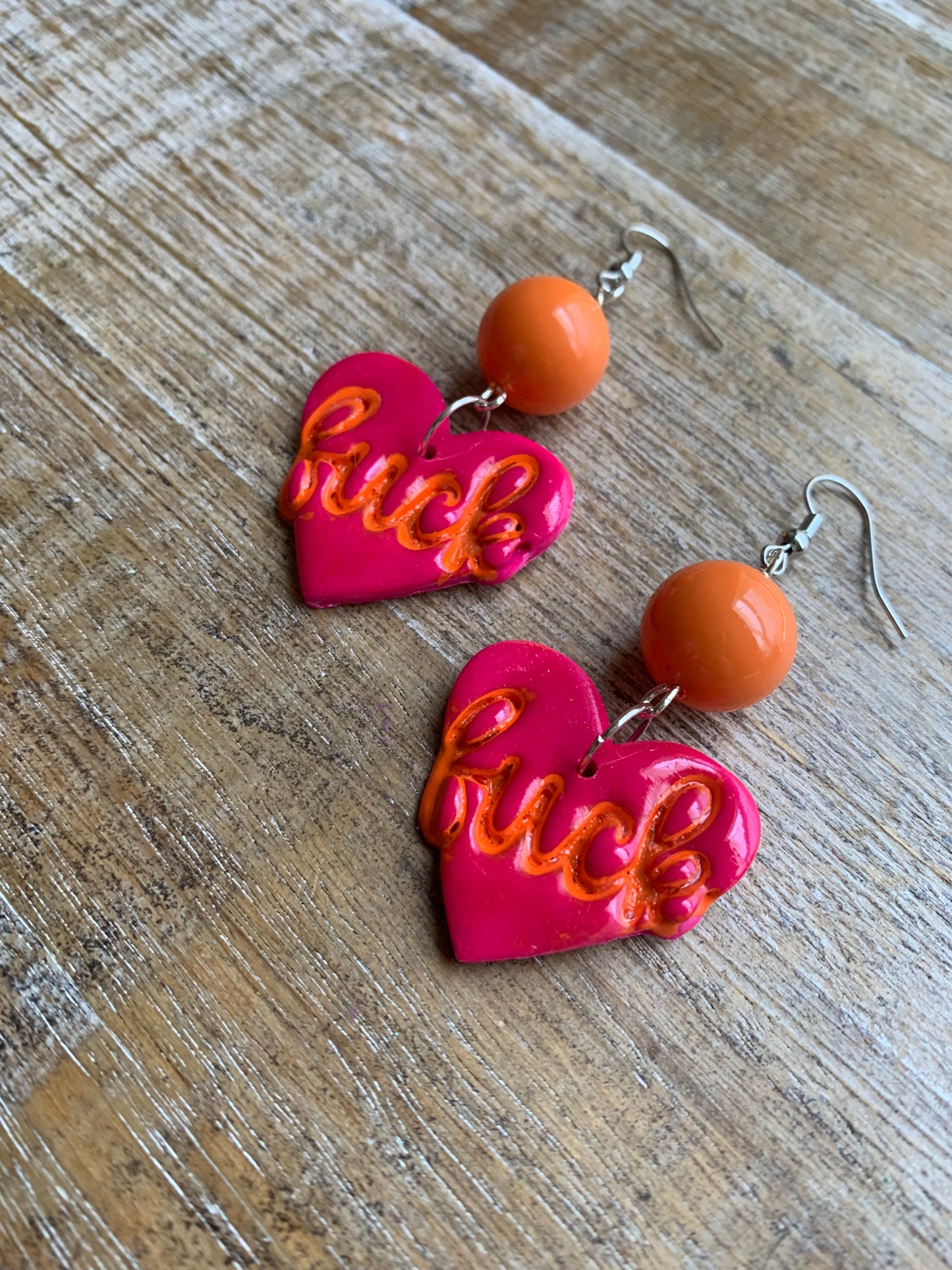 Pink Heart Fuck Swear Word Earrings Polymer Clay Orange Clip On Tunnel Gauge Earrings